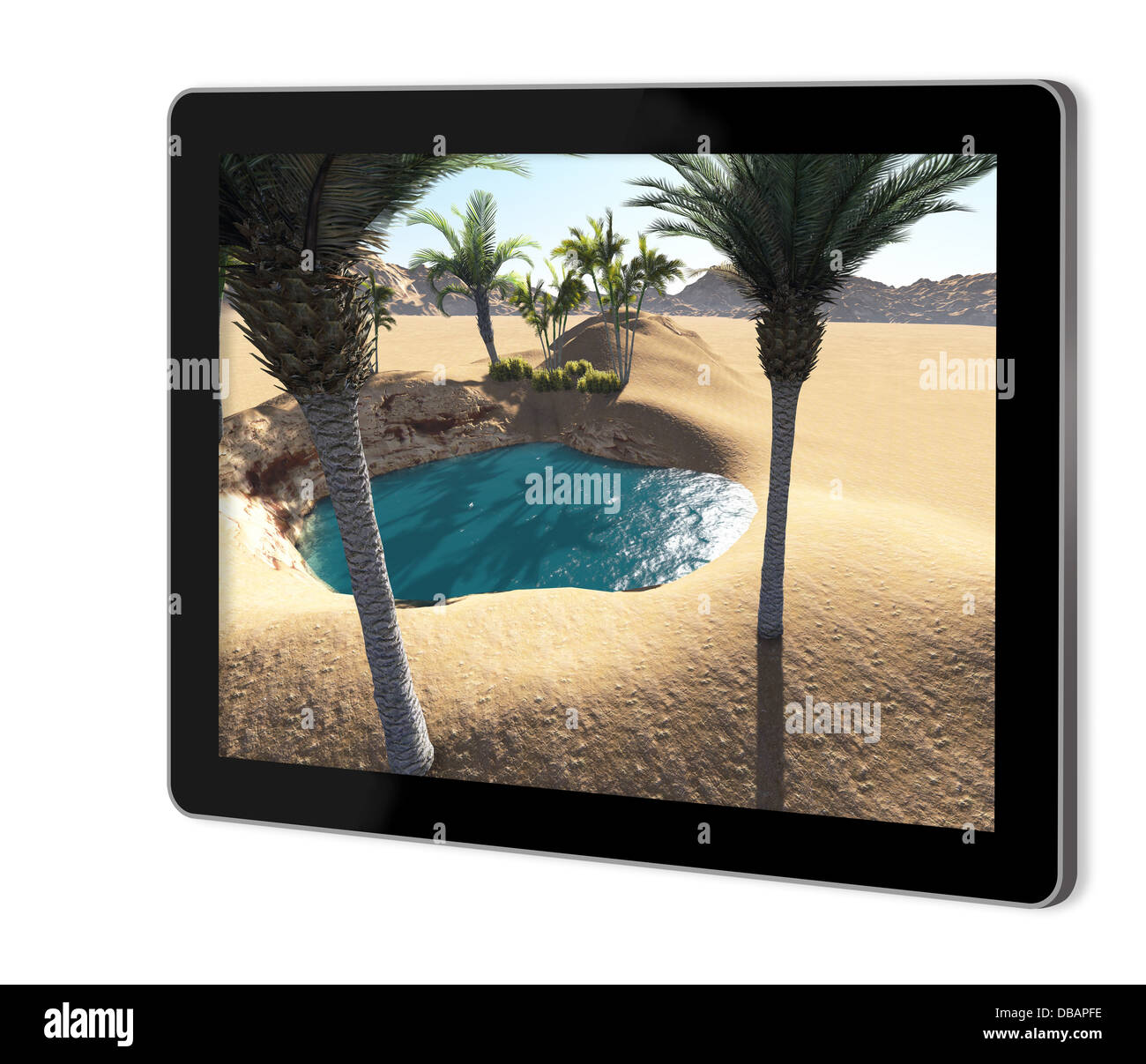 Oasis dans le désert sur l'écran du Tablet fait en 3d software Banque D'Images