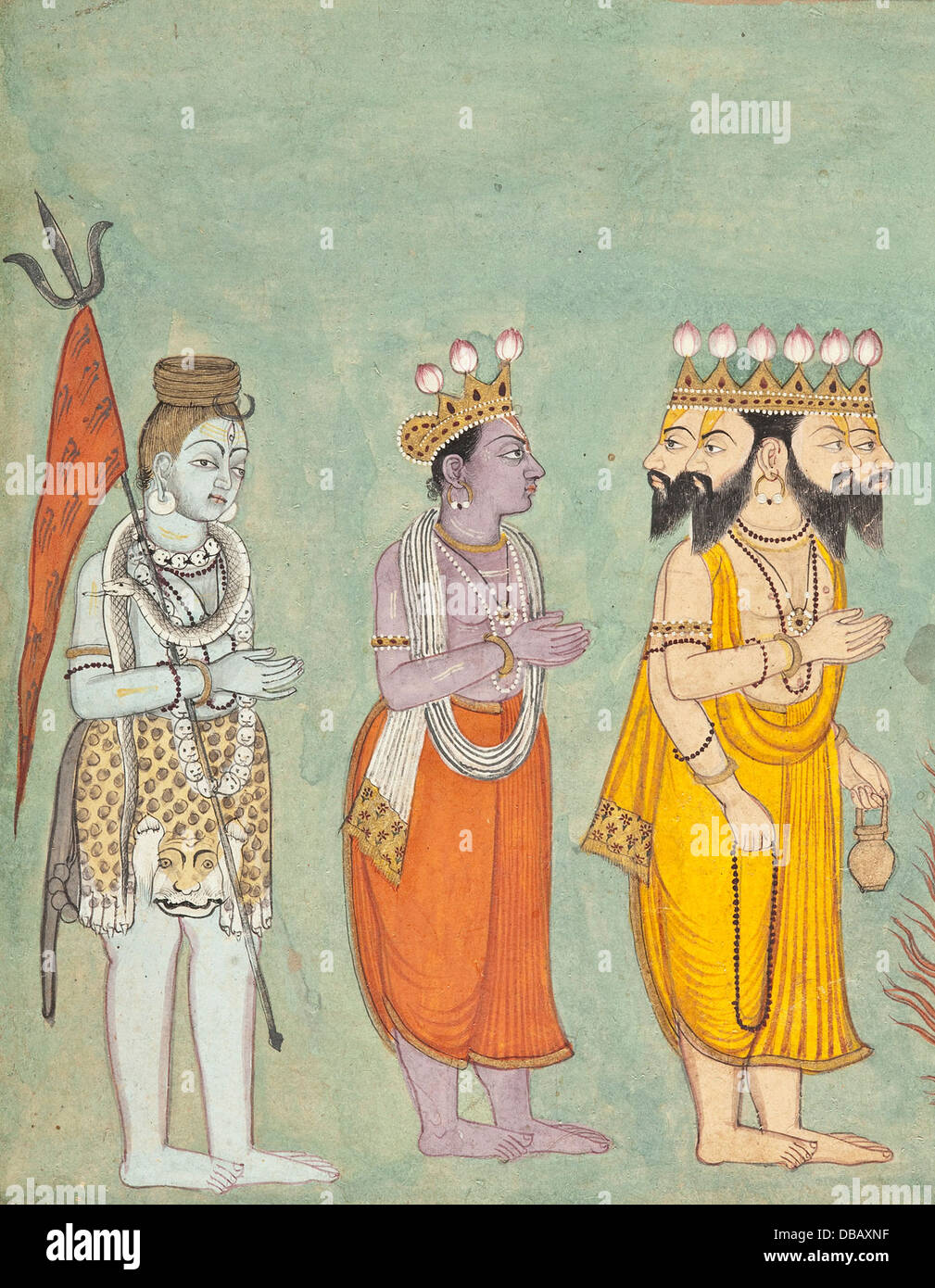 Cette œuvre représente les dieux hindous Shiva, Vishnu et Brahma rendant hommage à Kali, reflétant des thèmes importants du culte et de la représentation divine dans la mythologie hindoue. Banque D'Images