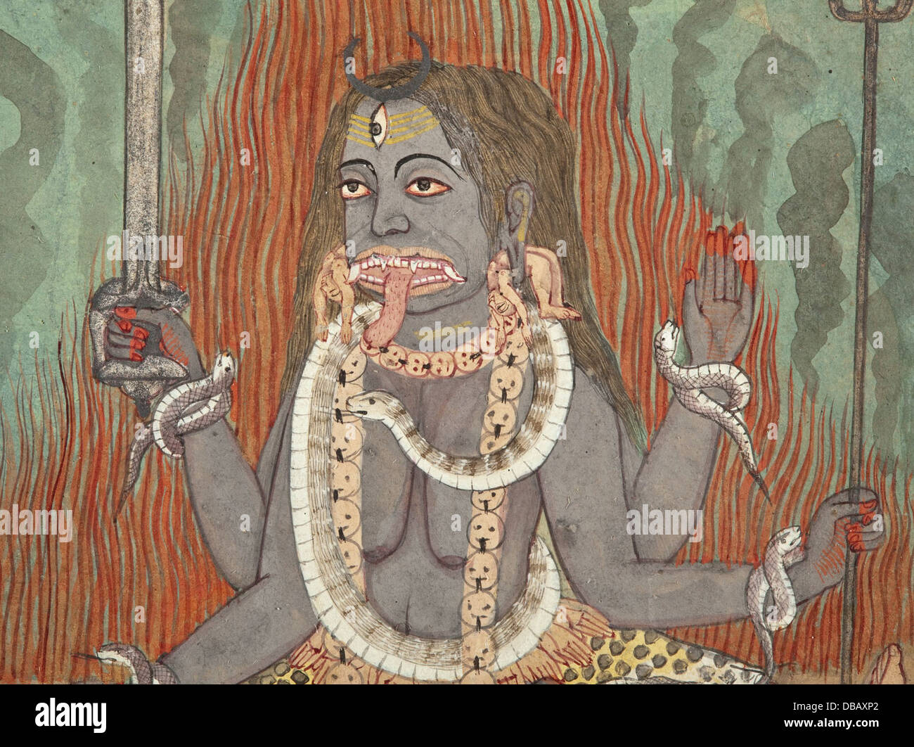 Cette œuvre représente Shiva, Vishnu et Brahma dans la vénération de Kali, mettant en valeur un moment important dans la mythologie hindoue où les dieux rendent hommage à la déesse Kali, représentant la destruction et la transformation. Banque D'Images