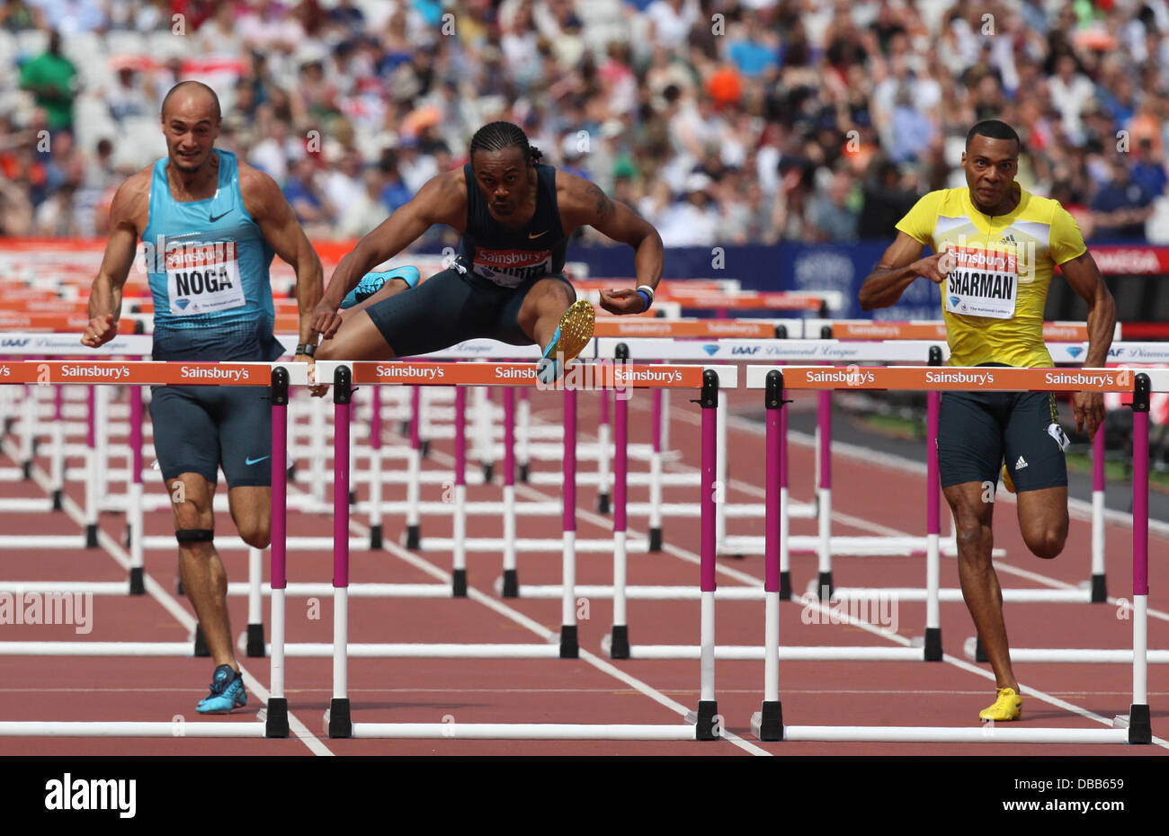 Londres, Royaume-Uni. 27 juillet, 2013. L-R Artur Noga surviennent Merritt et William Sharman lors de l'IAAF Diamond League Jeux Anniversaire du Stade Olympique, Queen Elizabeth Olympic Park. Credit : Action Plus Sport/Alamy Live News Banque D'Images