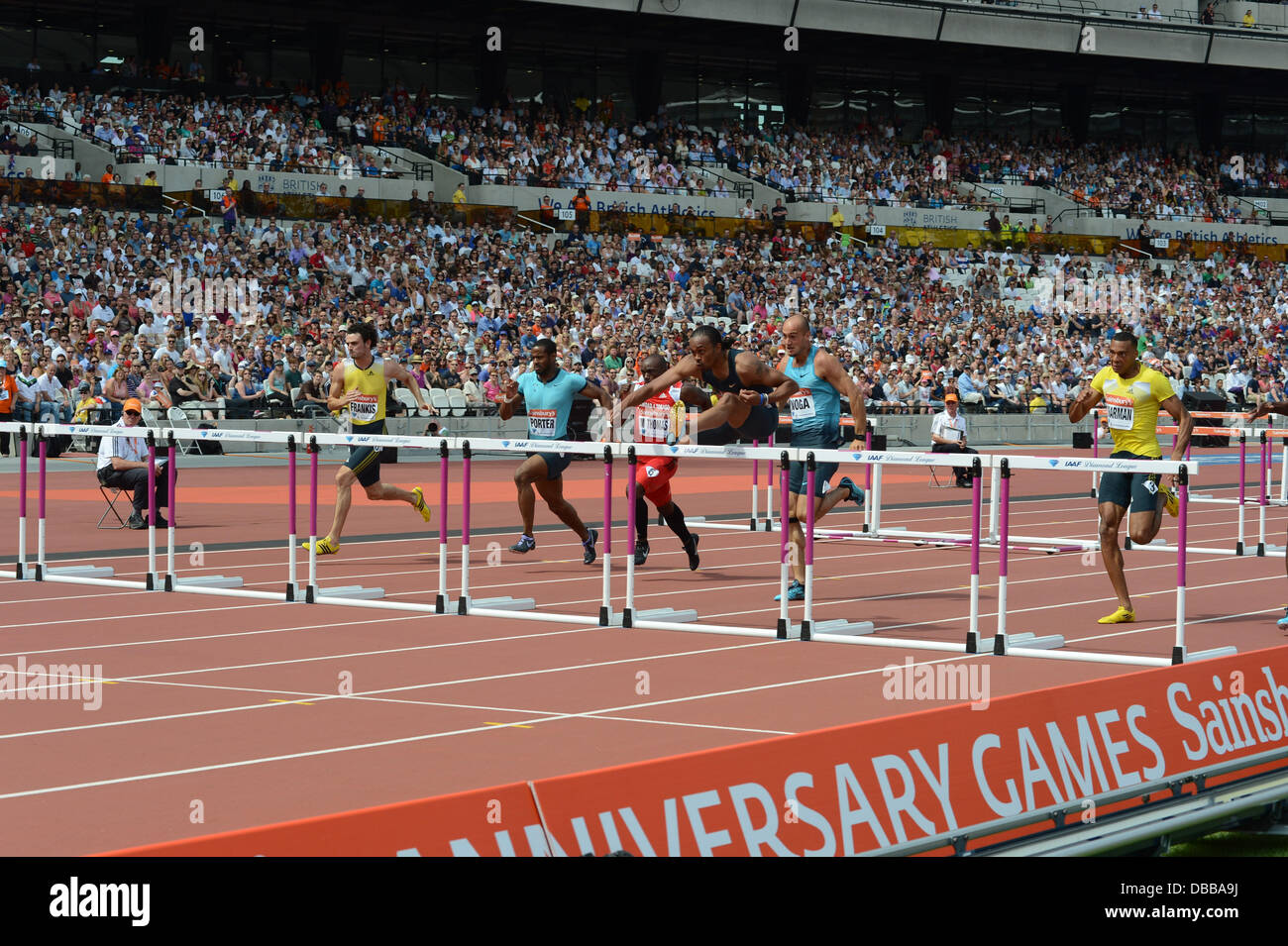 Londres, Royaume-Uni. 27 juillet 2013. Aries Merritt se qualifie pour la finale du 110m haies aux Jeux de Londres Anniversaire Réunion d'athlétisme de la Ligue de diamant, le 27 juillet 2013 Crédit : Martin Bateman/Alamy Live News Banque D'Images