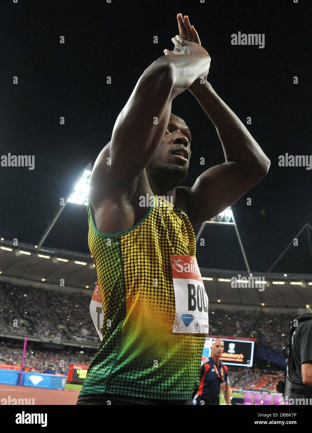 Londres, Royaume-Uni. 26 juillet, 2013. Ussain Bolt (JAM) célèbre. Sainsburys Anniversaire Jeux. Ligue de diamant de l'IAAF. Stade olympique. Queen Elizabeth Olympic Park. Stratford. Londres. UK. 26/07/2013. Credit : Sport en images/Alamy Live News Banque D'Images