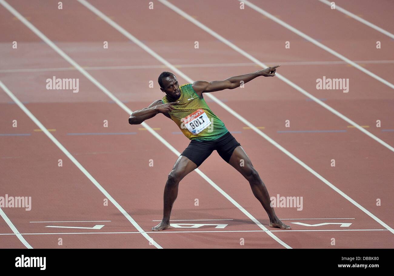 Londres, Royaume-Uni. 26 juillet, 2013. Ussain Bolt (JAM) célèbre. Sainsburys Anniversaire Jeux. Ligue de diamant de l'IAAF. Stade olympique. Queen Elizabeth Olympic Park. Stratford. Londres. UK. 26/07/2013. Credit : Sport en images/Alamy Live News Banque D'Images