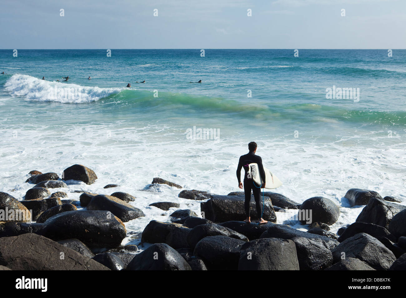 Surfer face à la mer. Burleigh Heads, Gold Coast, Queensland, Australie Banque D'Images