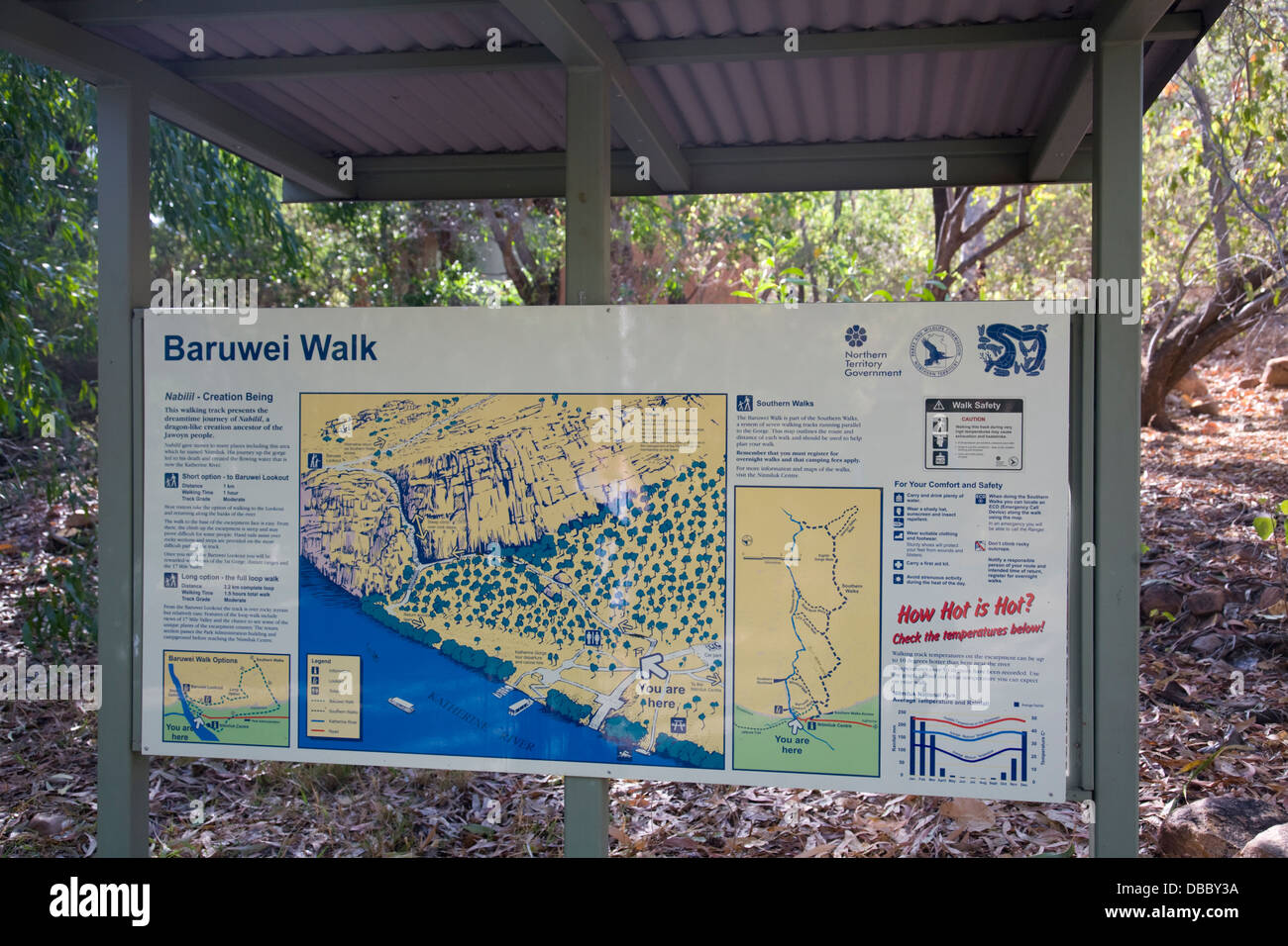 Informations touristiques sur panneau pour l'baruwei à pied au-dessus de Katherine Gorge, territoire du Nord, Australie Banque D'Images