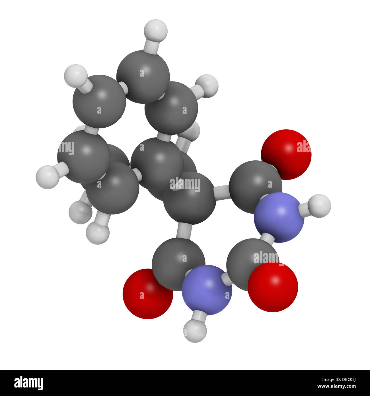 Anticonvulsivants BARBITURIQUES PHÉNOBARBITAL (épilepsie med), la structure chimique. Les atomes sont représentés comme des sphères. Banque D'Images