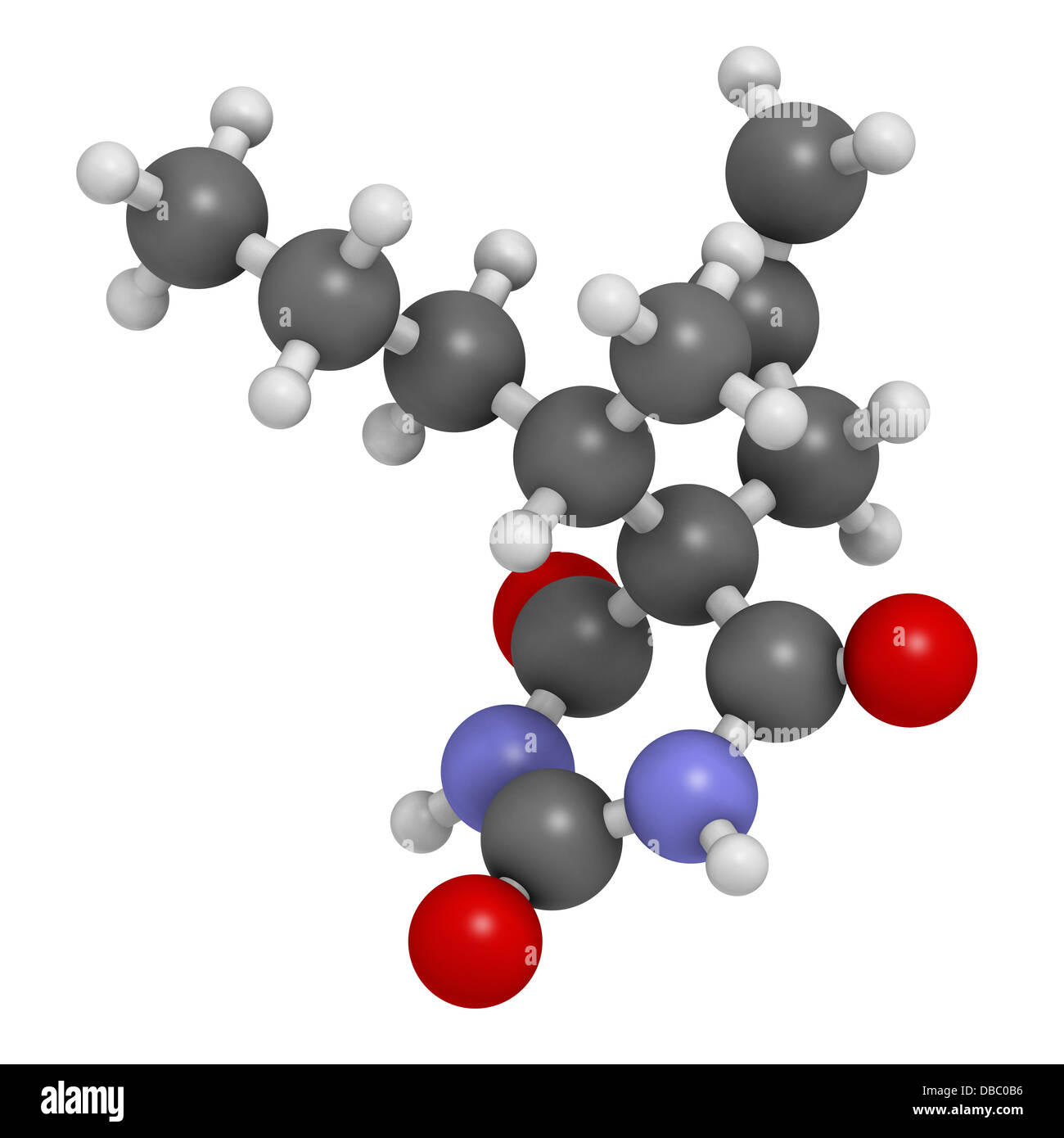 Barbituriques Sécobarbital sédatif, la structure chimique. Les atomes sont représentés comme des sphères avec codage couleur classiques Banque D'Images