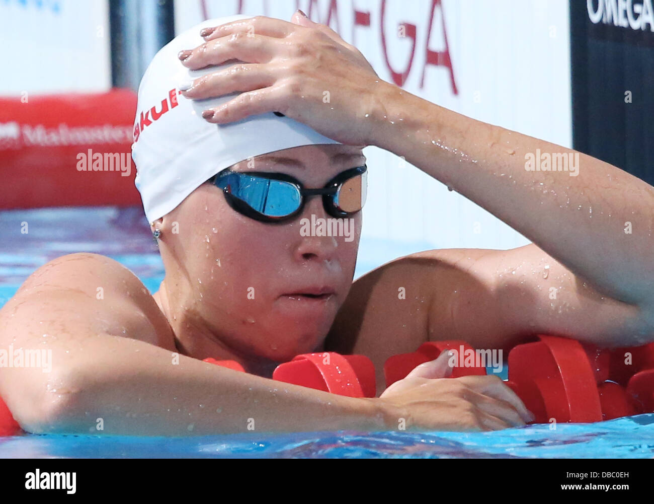 Barcelone, Espagne. 28 juillet, 2013. Sarah Kohler de l'Allemagne réagit après les 400m de la 15e Championnats du Monde de Natation FINA au Palau Sant Jordi Arena de Barcelone, Espagne, 28 juillet 2013. Photo : Friso Gentsch/dpa/Alamy Live News Banque D'Images