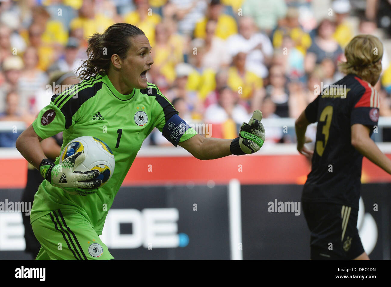 Nadine Angerer de l'Allemagne réagit au cours de l'UEFA Women's EURO 2013 football match final entre l'Allemagne et la Norvège à la Friends Arena à Solna, Suède, 28 juillet 2013. Photo : Carmen Jaspersen/dpa  + + +(c) afp - Bildfunk + + + Banque D'Images