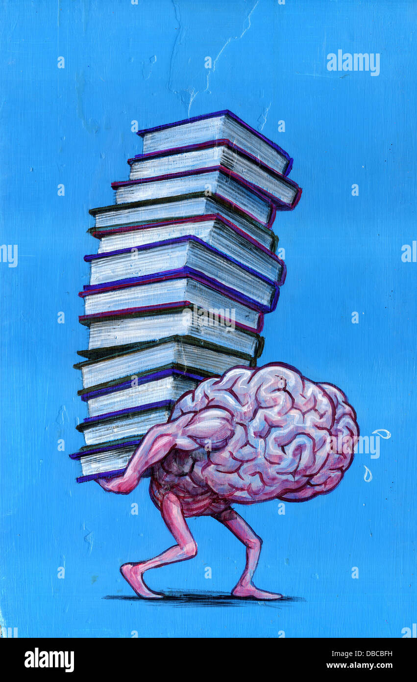 Image d'illustration de livres empilés du cerveau exerçant son fardeau représentant Banque D'Images