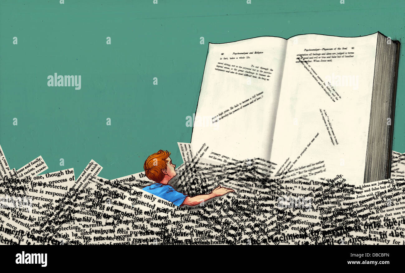 Image d'illustration de garçon en tas de documents lecture livre représentant d'apprentissage Banque D'Images