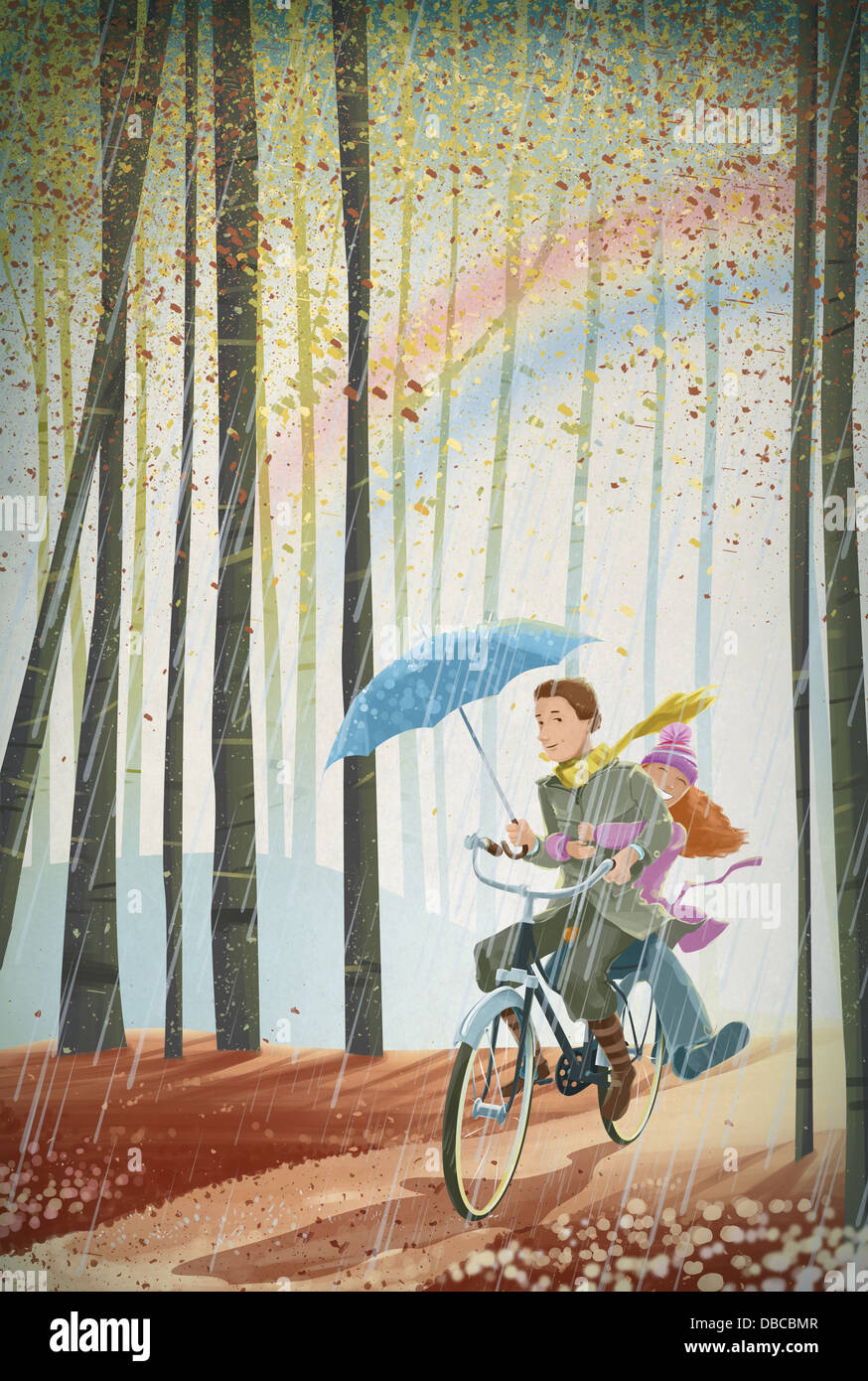 Illustration du couple riding bicycle in forest Banque D'Images