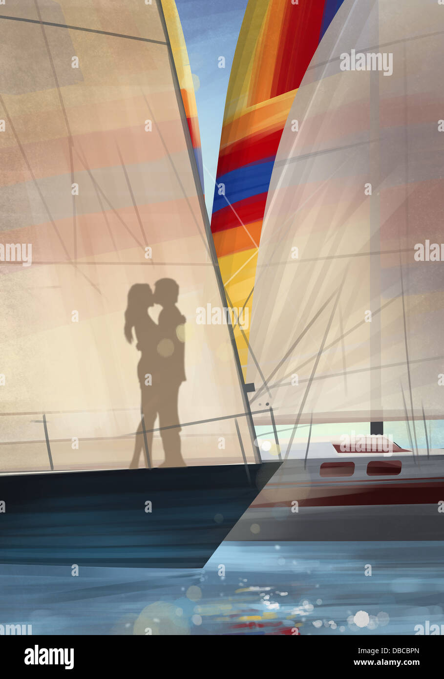 Illustration de l'ombre du couple kissing on yacht Banque D'Images