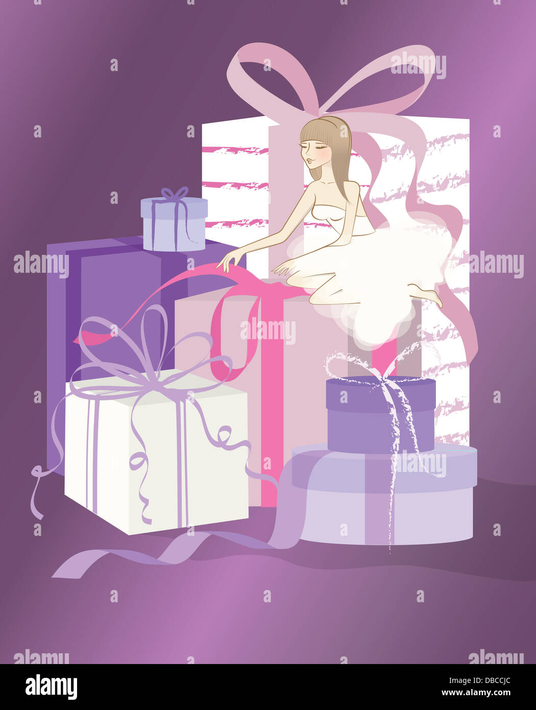 Illustration de mariée cadeaux ouverture contre fond violet Banque D'Images