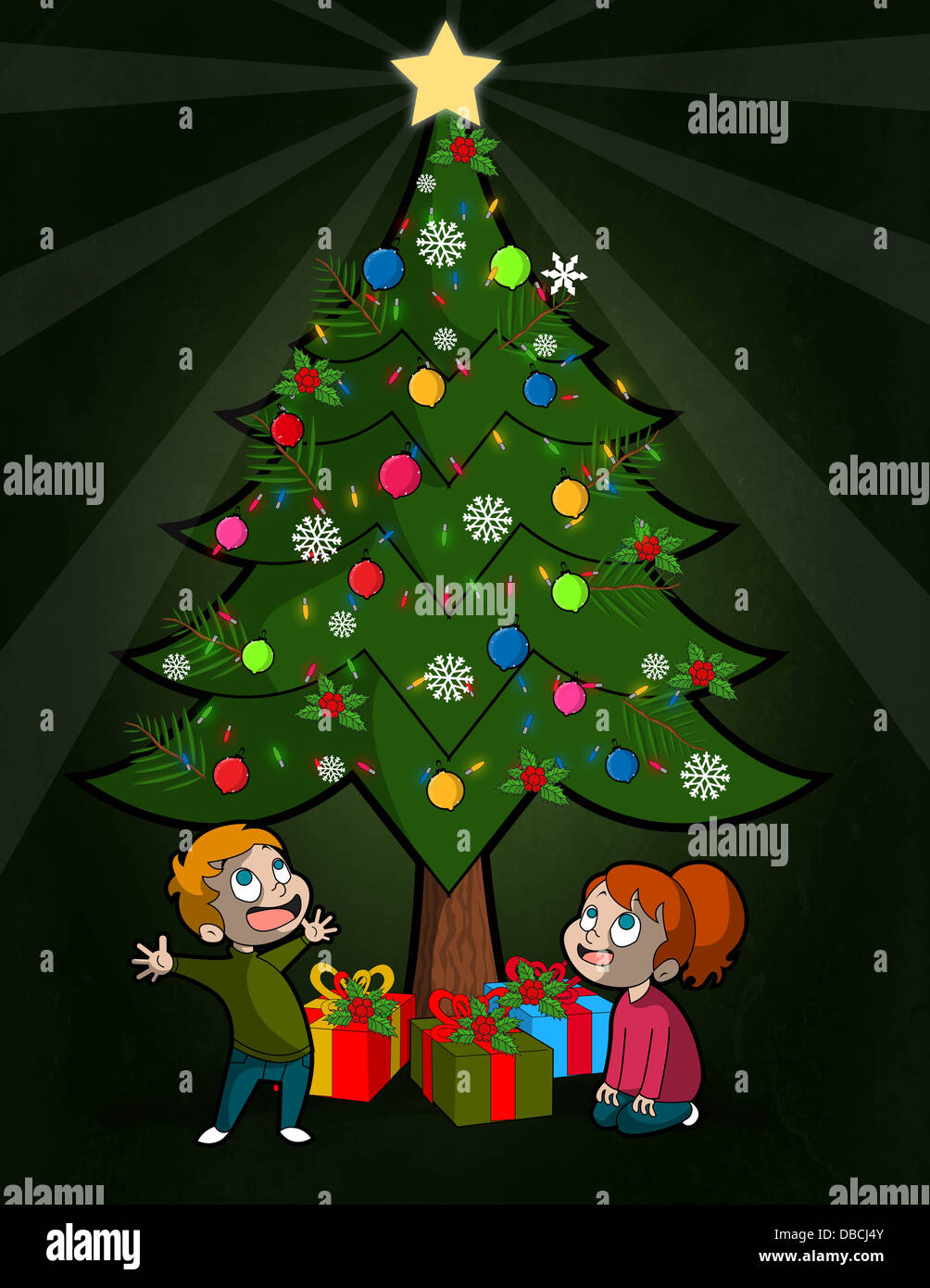 Illustration d'enfants heureux à la recherche à l'arbre de Noël Banque D'Images