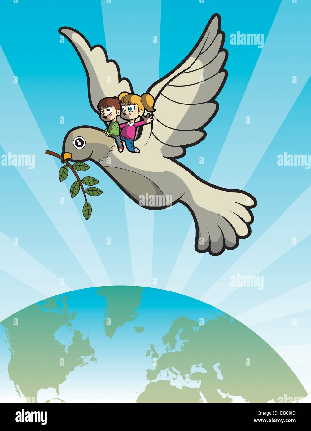 Illustration d'enfants sur la terre sur colombe représentant de génération future Banque D'Images