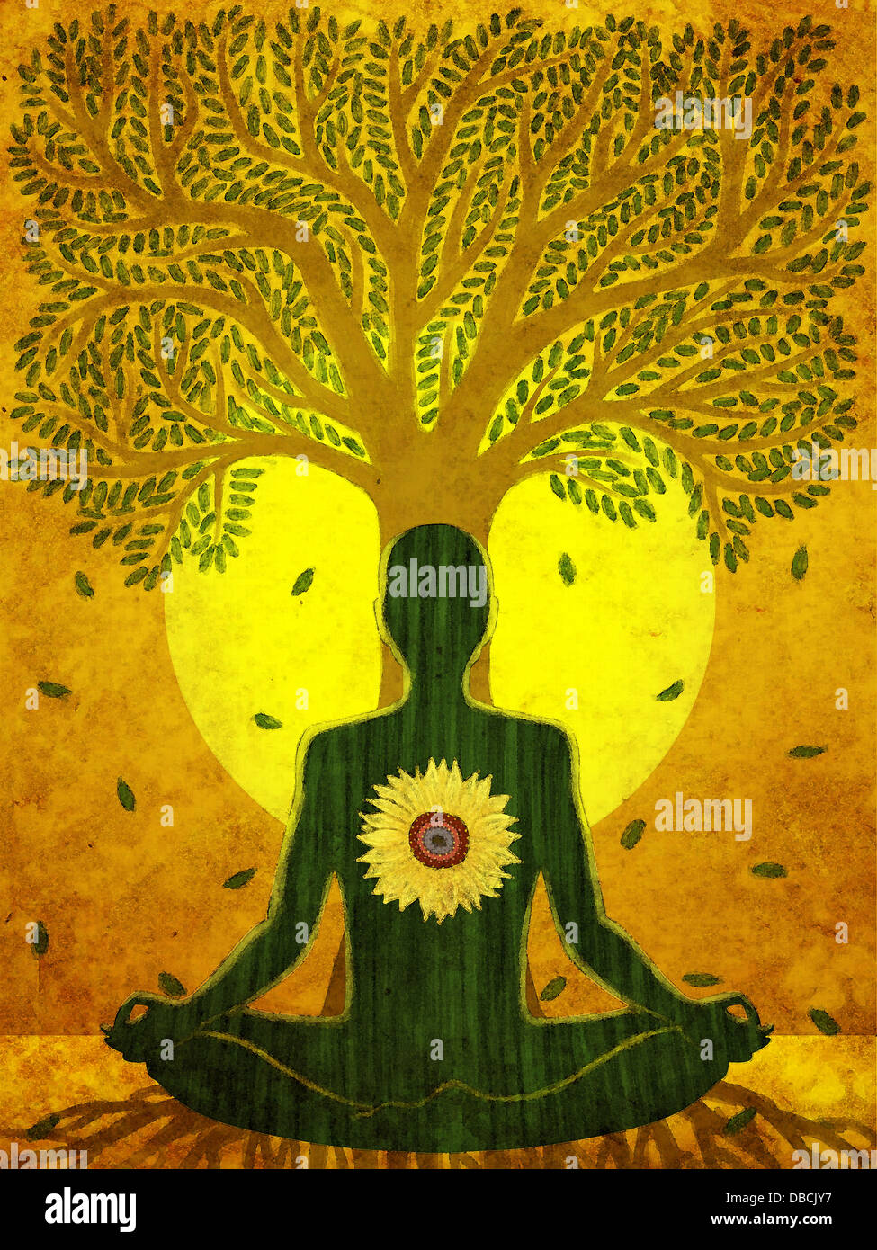 Illustration de l'homme méditant contre l'arbre et le soleil Banque D'Images