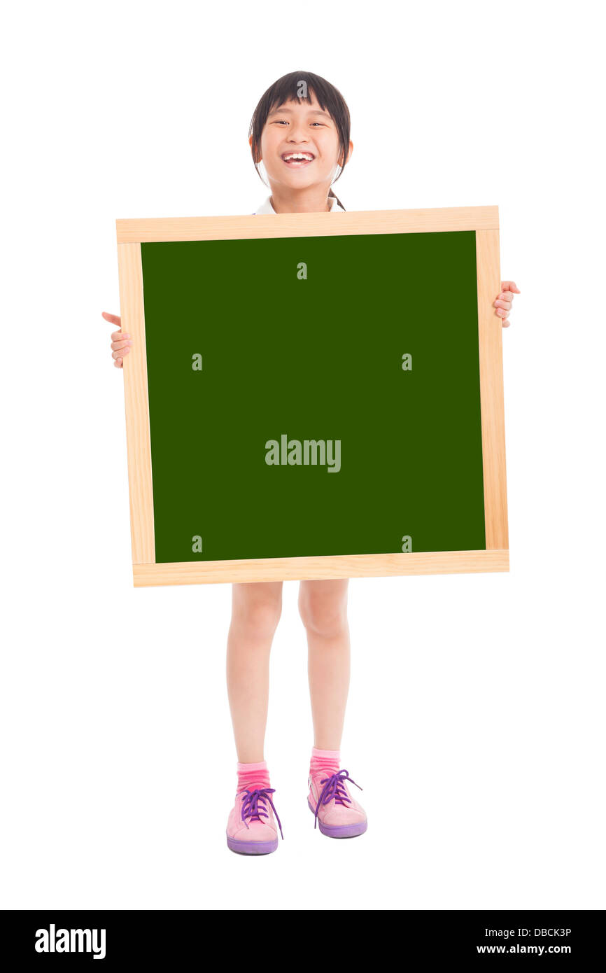 Happy little girl holding blank chalkboard Banque D'Images