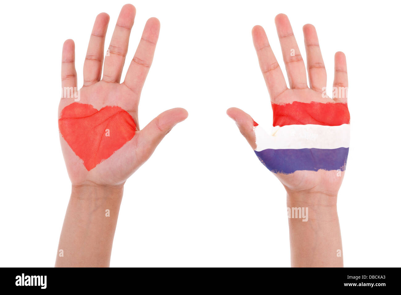 Les mains avec un coeur peint et Netherland flag, j'aime Netherland concept, isolé sur fond blanc Banque D'Images