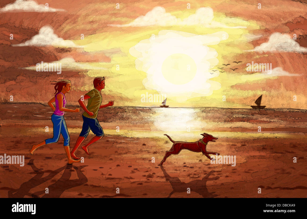 Illustration du couple jogging avec chien à la plage Banque D'Images