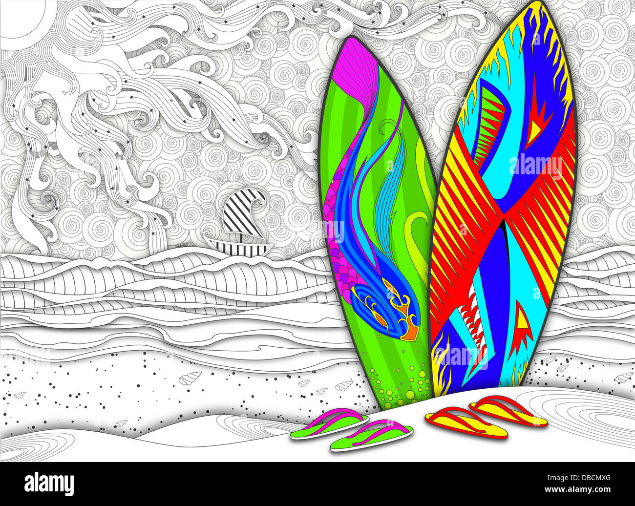 Illustration de planches multicolores et des pantoufles à beach représentant les vacances d'été Banque D'Images