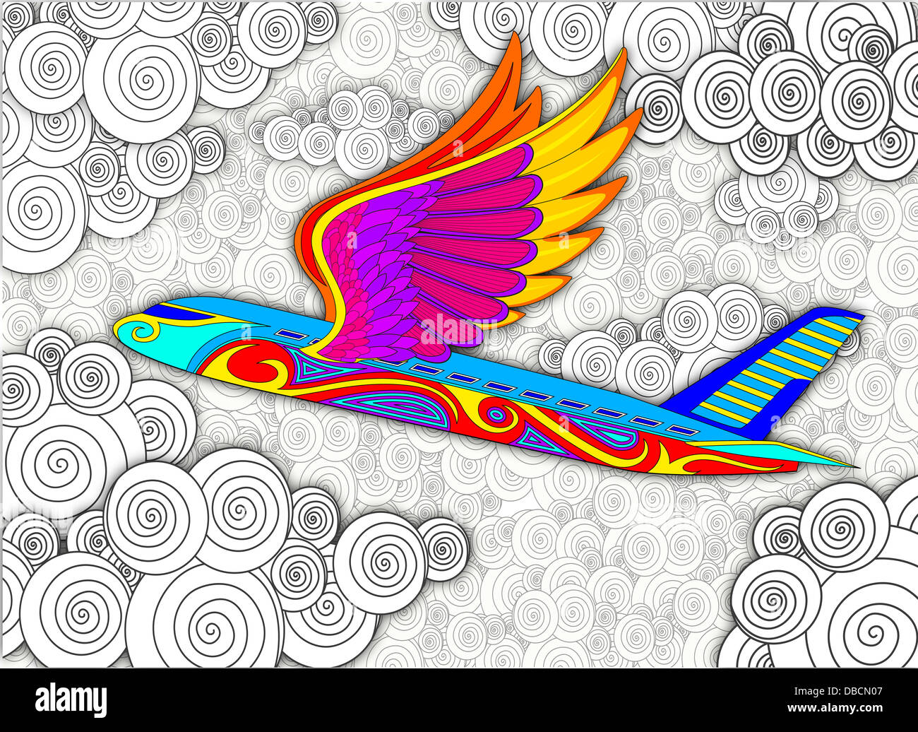 Image d'illustration de l'avion avec des ailes multicolores représentant locations Banque D'Images