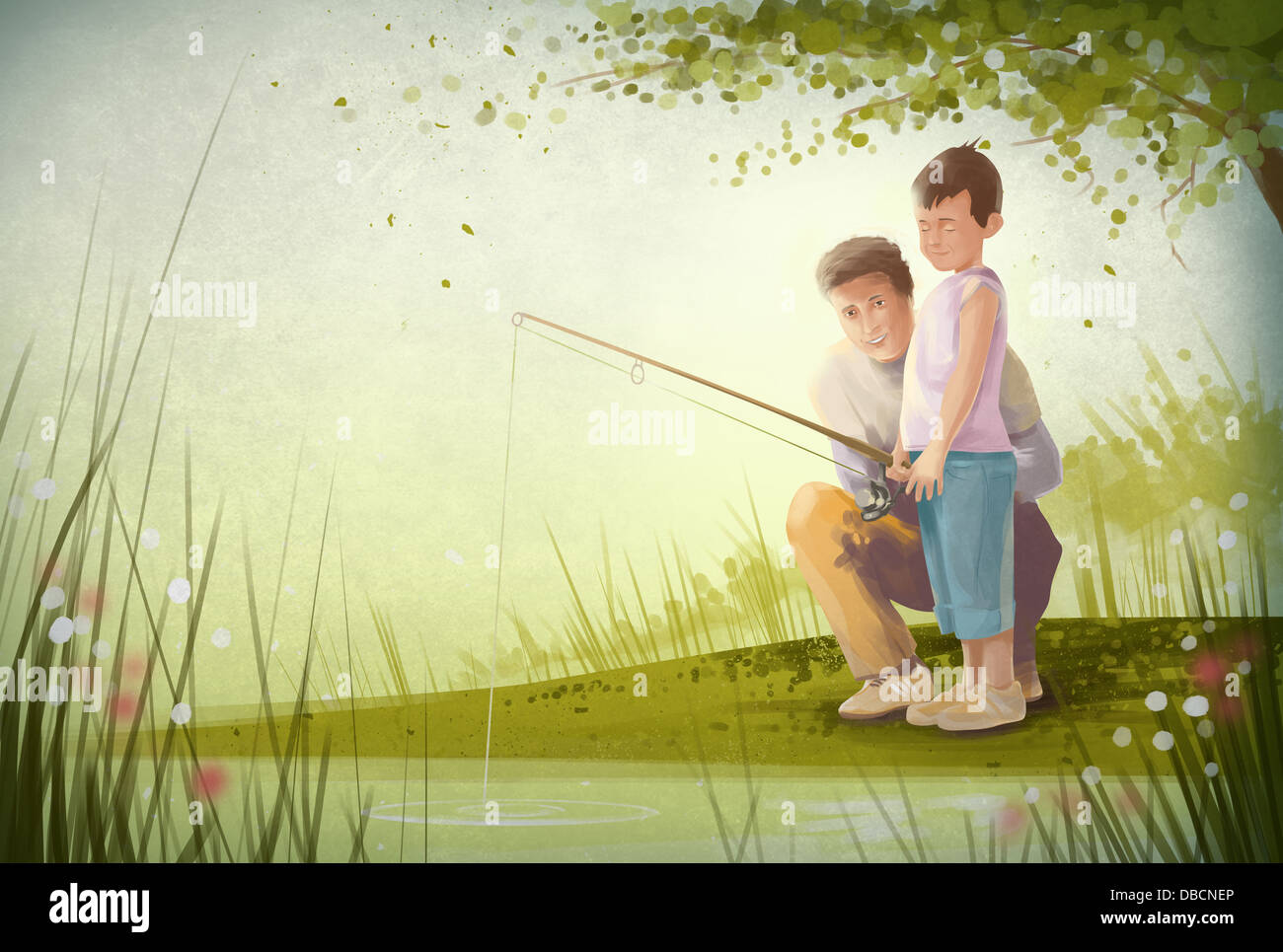 Illustration de père et fils la pêche dans le lac Banque D'Images