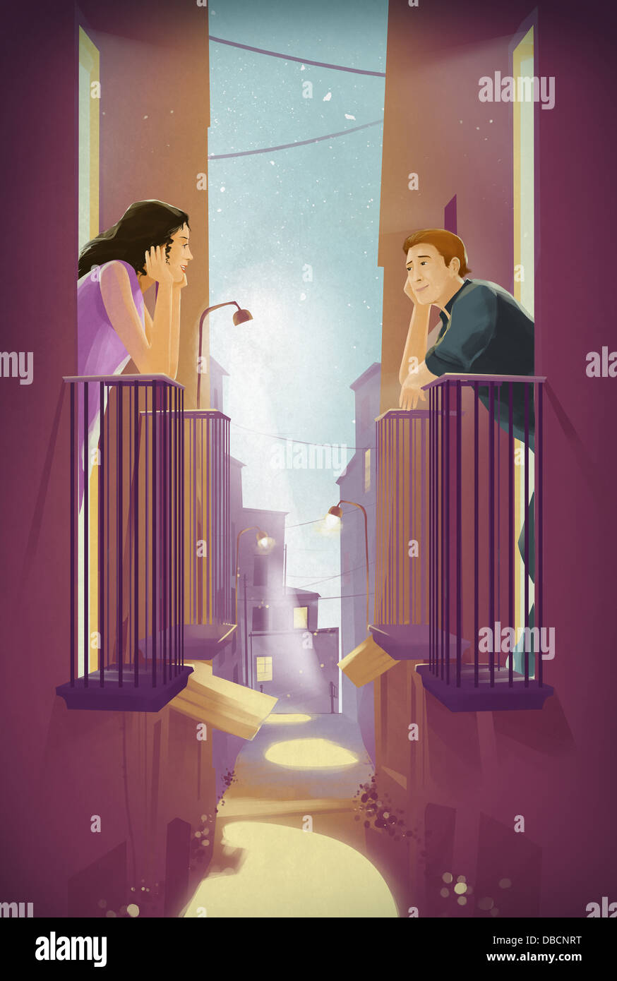 Illustration du couple admiring mutuellement tout en se tenant dans un balcon Banque D'Images