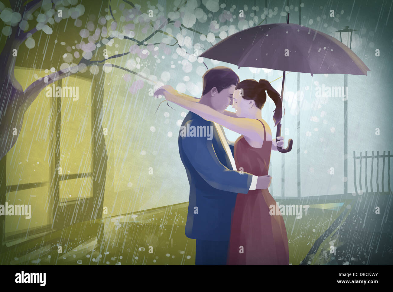 Illustration de couple avec un parapluie qui englobe dans la pluie Banque D'Images