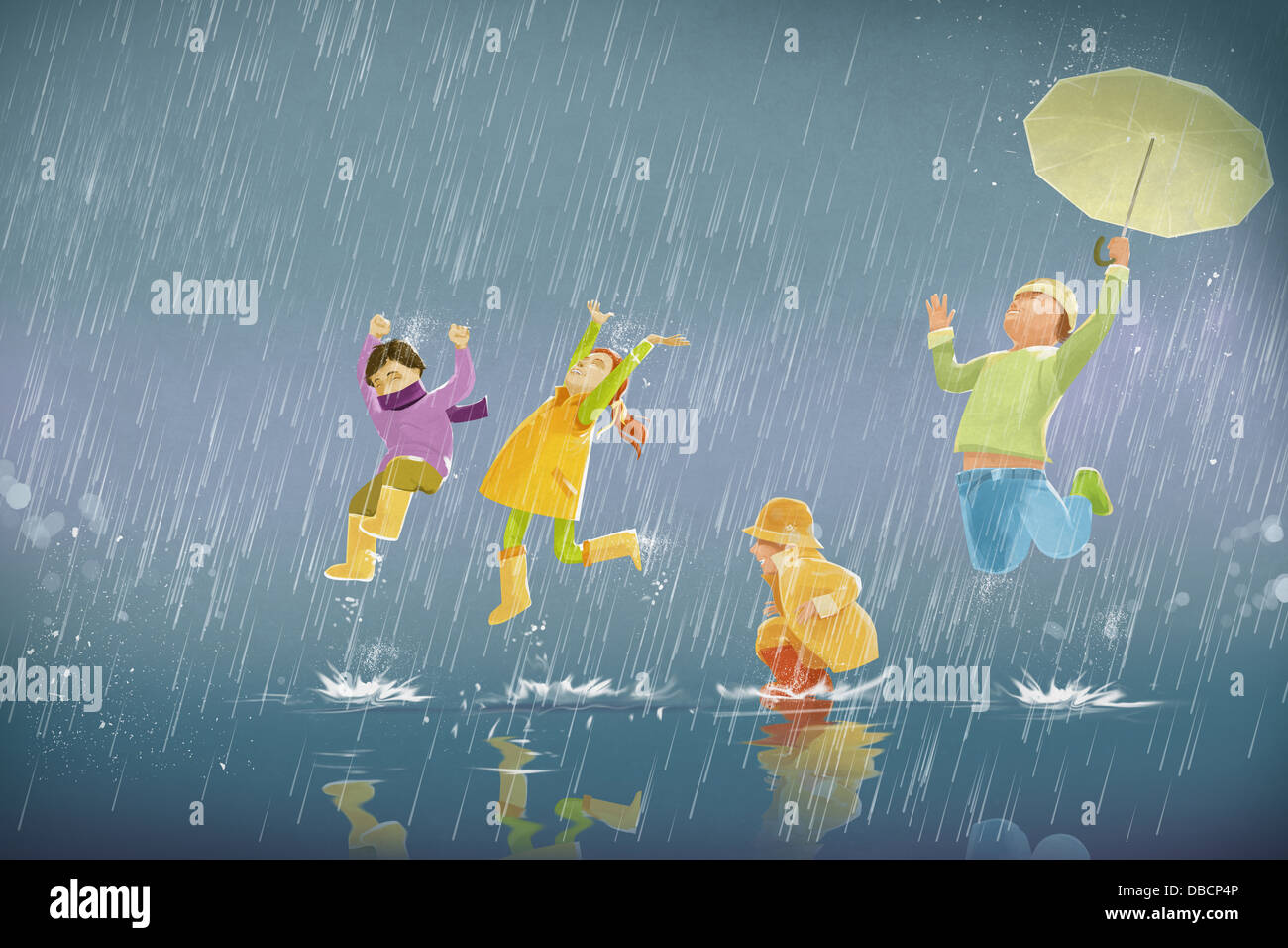 Illustration d'enfants bénéficiant dans la pluie Banque D'Images