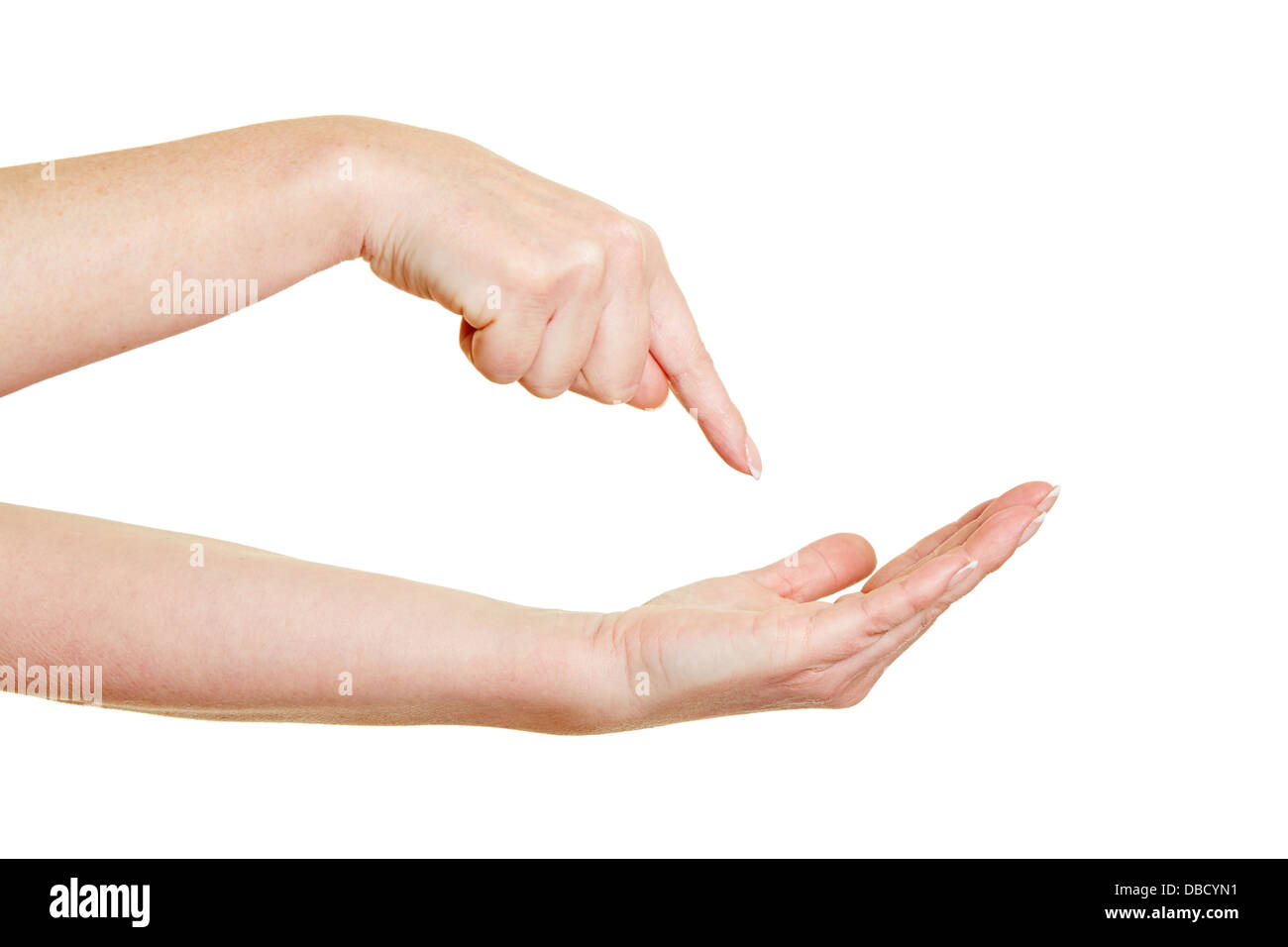 Pointer du doigt exigeant sur la paume de la main vide Banque D'Images