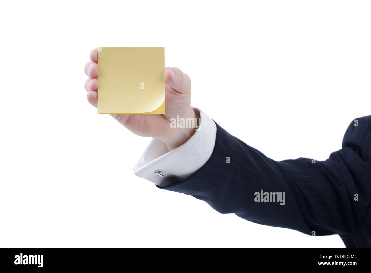 Businessman holding a stick jaune note de rappel isolé sur fond blanc Banque D'Images