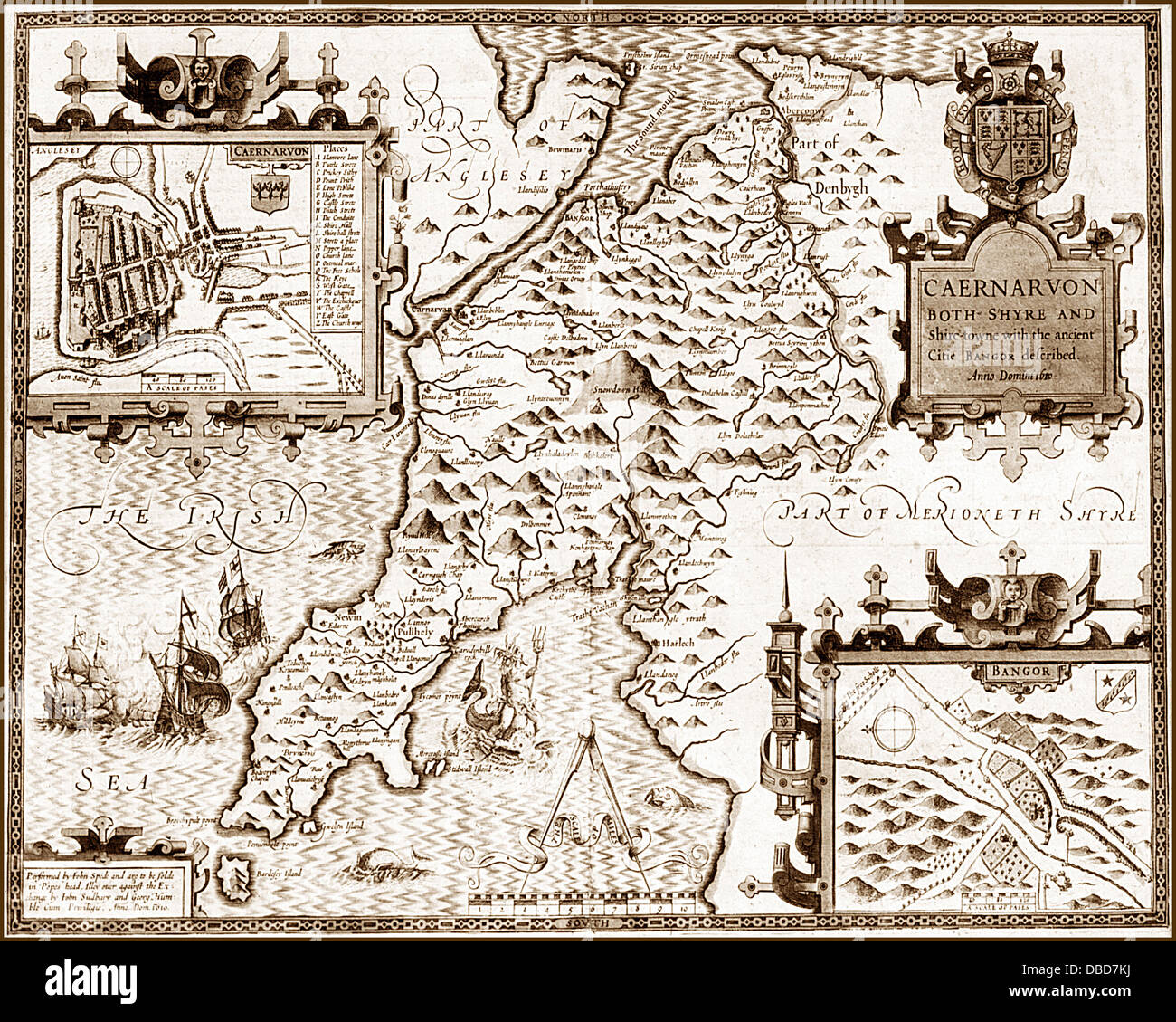 17e siècle (1610) Plan de Caernarvon Caernarvonshire Banque D'Images