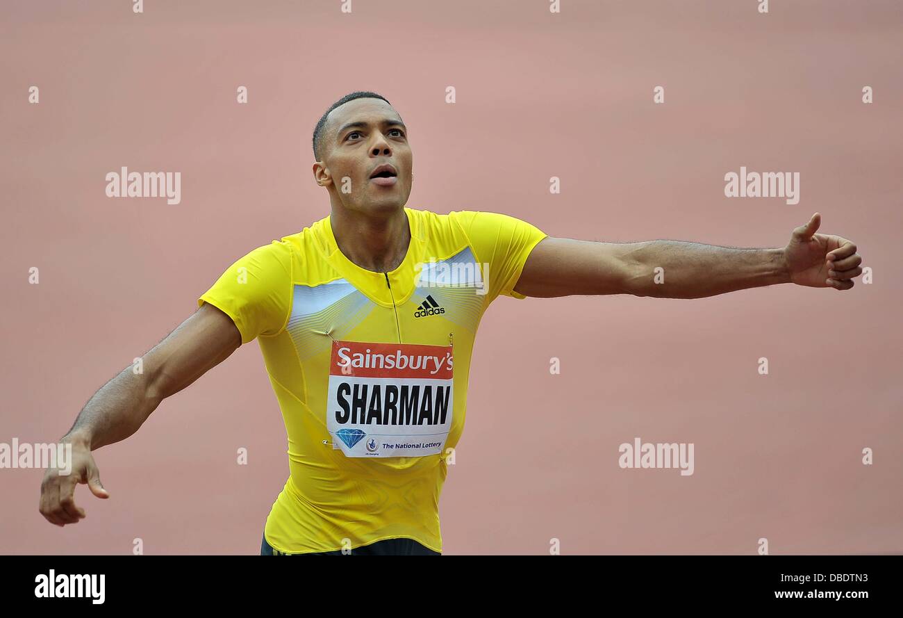 Londres, Royaume-Uni. 27 juillet, 2013. William Sharman (GBR) célèbre l'entrée 2e avec un PB. Sainsburys Anniversaire Jeux. Ligue de diamant de l'IAAF. Stade olympique. Queen Elizabeth Olympic Park. Stratford. Londres. UK. 27/07/2013. Credit : Sport en images/Alamy Live News Banque D'Images