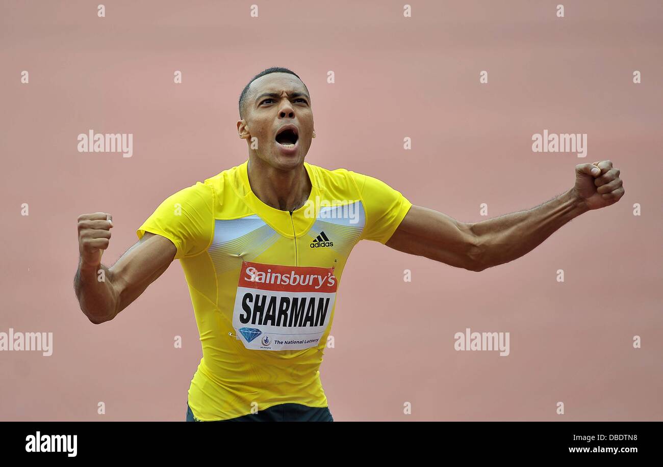 Londres, Royaume-Uni. 27 juillet, 2013. William Sharman (GBR) célèbre l'entrée 2e avec un PB. Sainsburys Anniversaire Jeux. Ligue de diamant de l'IAAF. Stade olympique. Queen Elizabeth Olympic Park. Stratford. Londres. UK. 27/07/2013. Credit : Sport en images/Alamy Live News Banque D'Images
