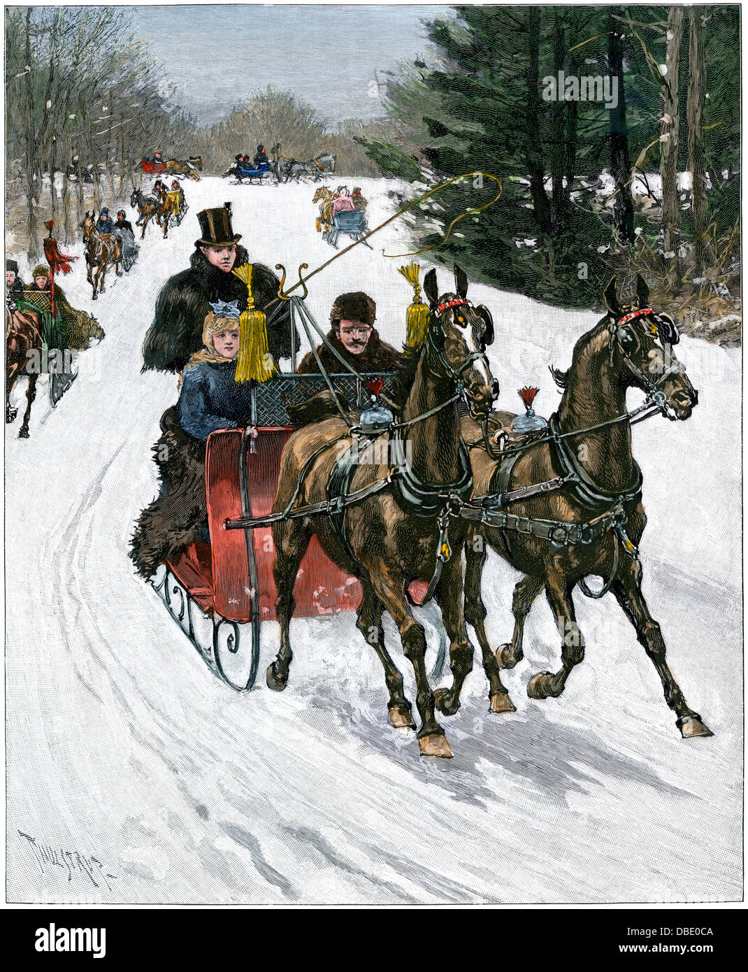 Traineau dans Central Park, New York, 1890. À la main, gravure sur bois, d'une illustration Thulstrup Banque D'Images