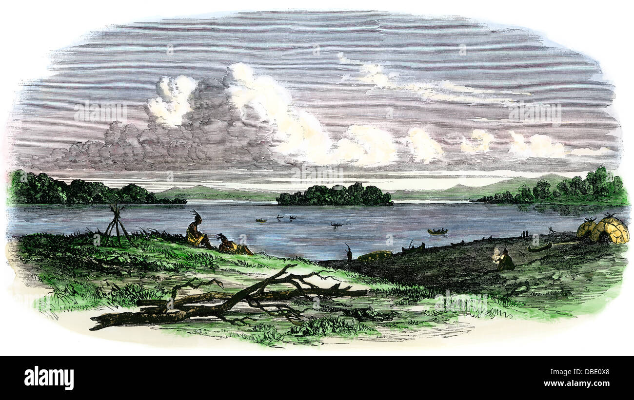 Native American's camp à côté de Sandy Lake, Minnesota, 1850. À la main, gravure sur bois Banque D'Images Native American's camp à côté de Sandy Lake, Minnesota, 1850. À la main, gravure sur bois Banque D'Images