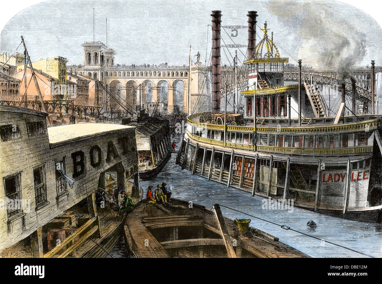 Les bateaux à vapeur amarré le long de la digue sur la rivière Mississippi, à St Louis, 1870. À la main, gravure sur bois Banque D'Images