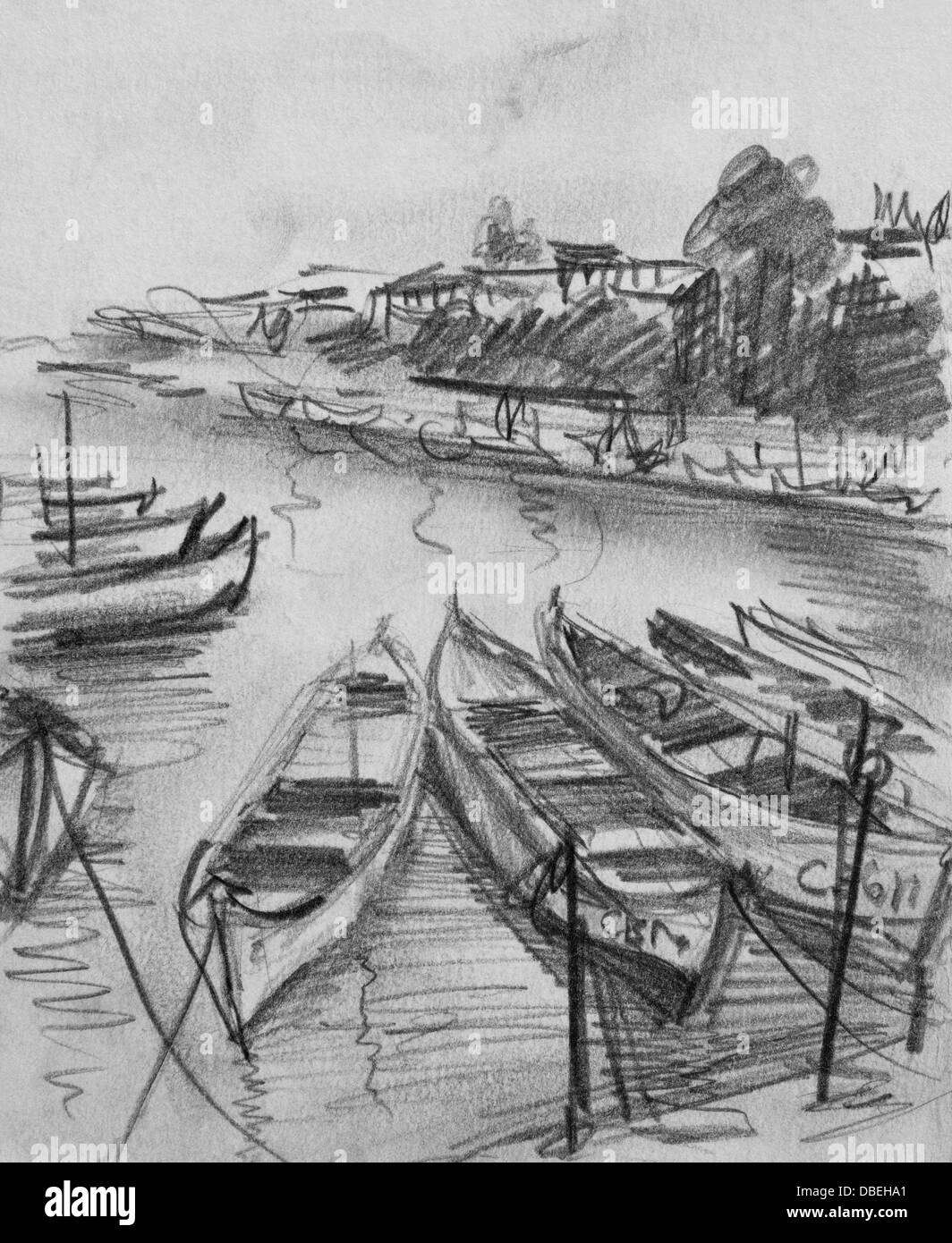 Dessin Paysage Noir Et Blanc Crayon Crayon dessin en noir et blanc du vieux bateaux de pêche flottant dans  l'eau calme de port de Sozopol en Bulgarie Photo Stock - Alamy