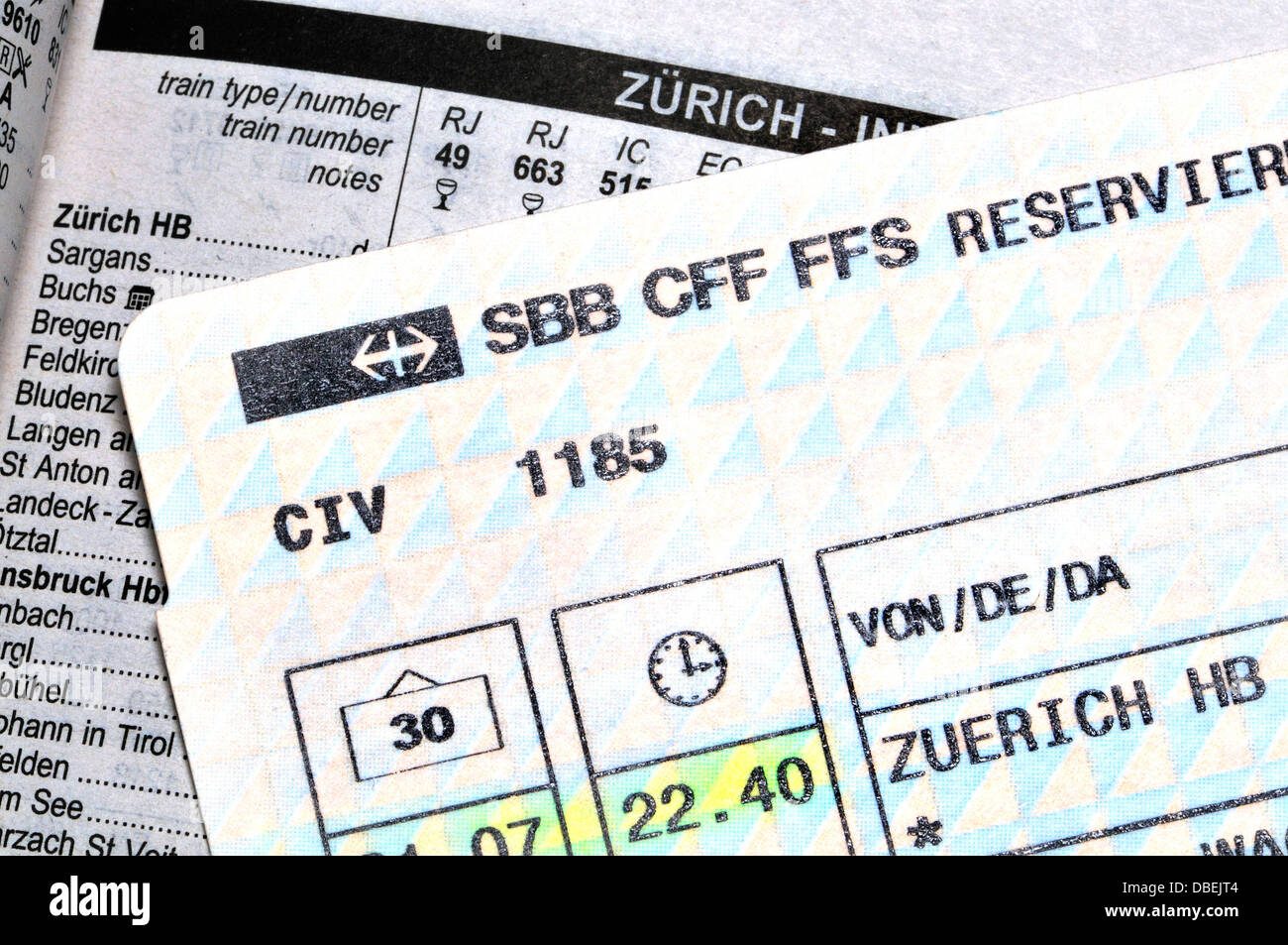 Billet de train et le calendrier - Zurich Banque D'Images