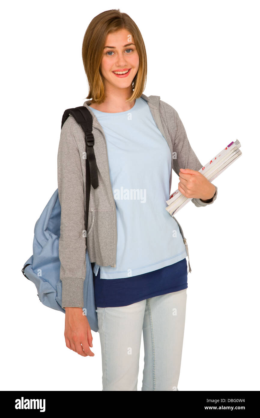 Adolescente avec sac à dos et livres Banque D'Images