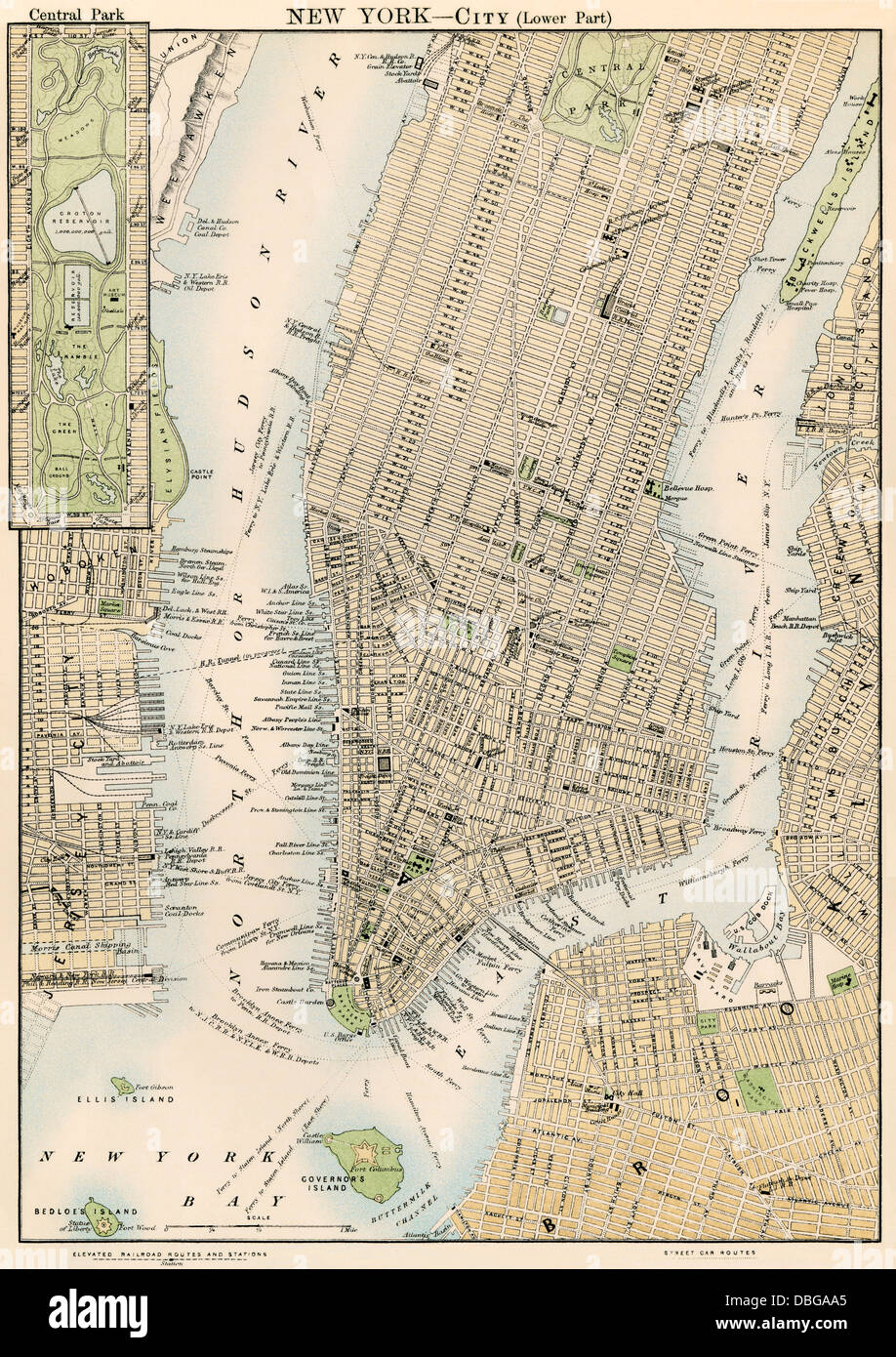 La carte du bas et centre ville de Manhattan, New York, 1870. Lithographie couleur Banque D'Images