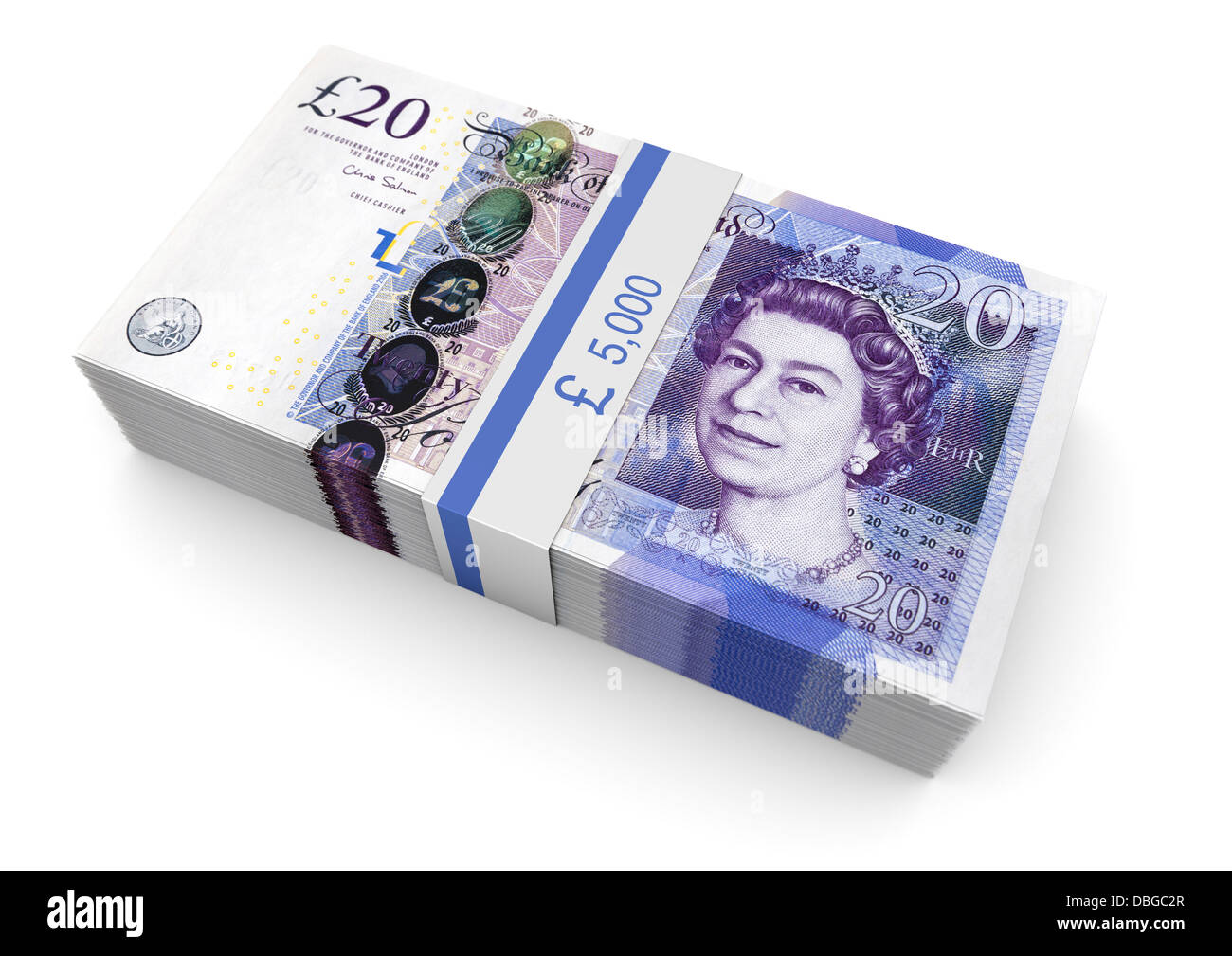 Pile de 20 £ pound notes sur fond blanc Banque D'Images