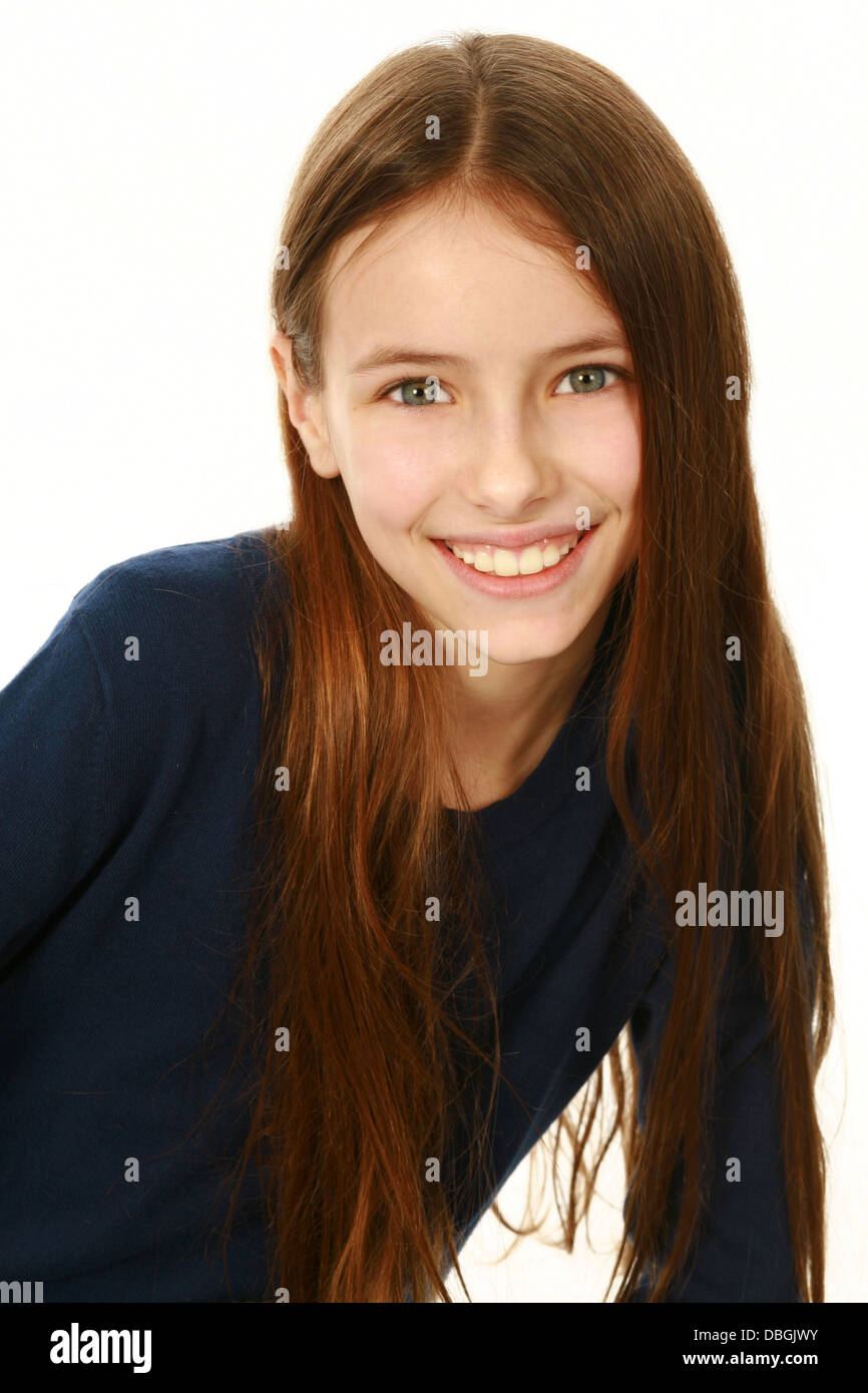 Portrait of smiling preteen girl isolated on white Photo Stock - Alamy