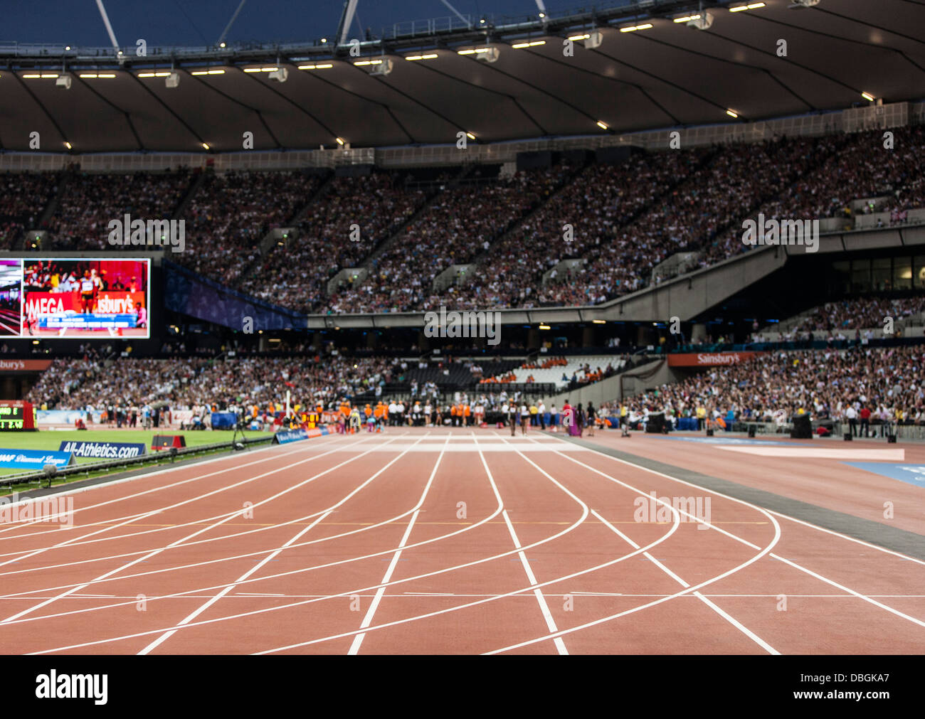 100m au Stade Olympique, l'anniversaire des Jeux, Londres, Parc olympique, Banque D'Images
