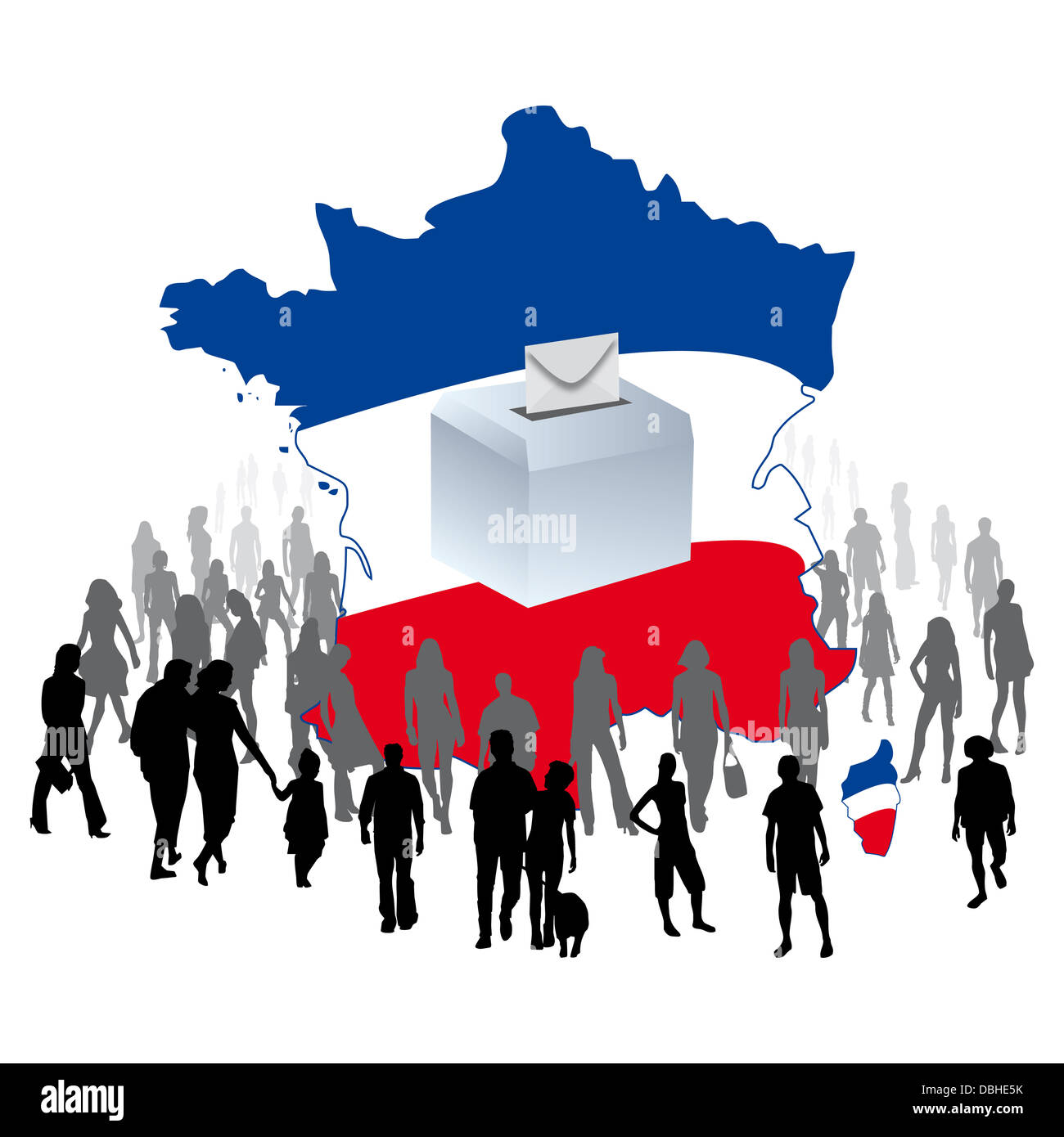 Une urne avec une foule d'électeurs sur une carte de France des élections démocratiques des partis Banque D'Images
