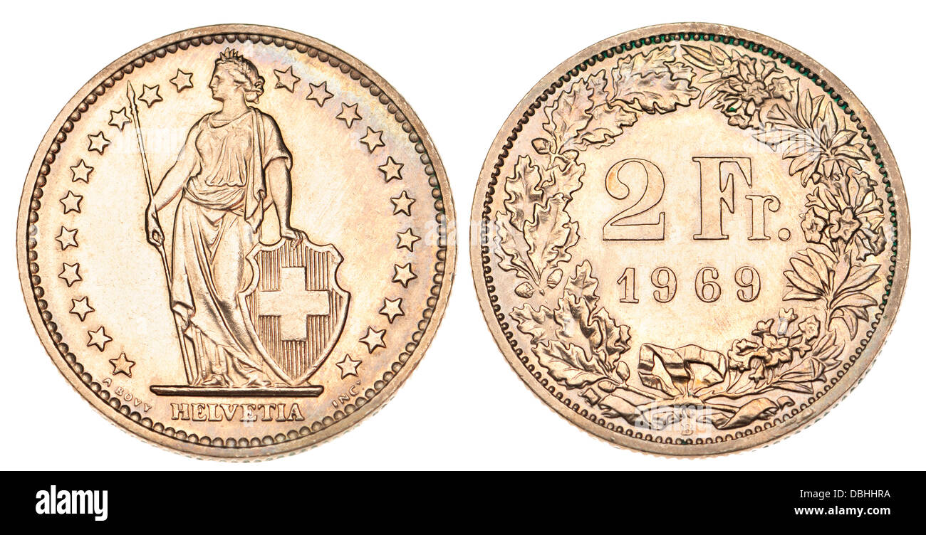 Franc suisse 2 pièce, 1969 Banque D'Images