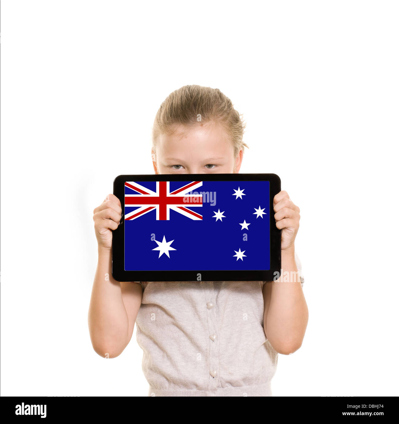 Drapeau australien sur l'ordinateur tablette tenue par jeune fille Banque D'Images