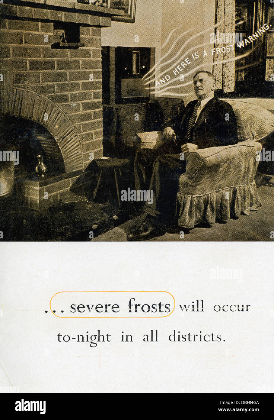 Un avertissement radio de gel et de gelées applicables aux voitures et véhicules à moteur 1950 de la compagnie d'assurance de Stratford Upon Avon Banque D'Images
