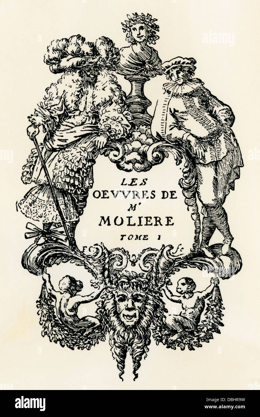 Page de titre de l'Œuvre de Molière, Volume, I, édition de 1666. Gravure sur bois avec un lavage à l'aquarelle Banque D'Images